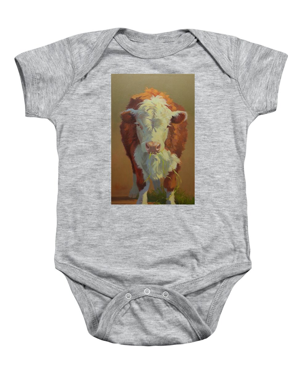 Farm Animals Baby Onesie featuring the painting Just a Little Bull by Carolyne Hawley
