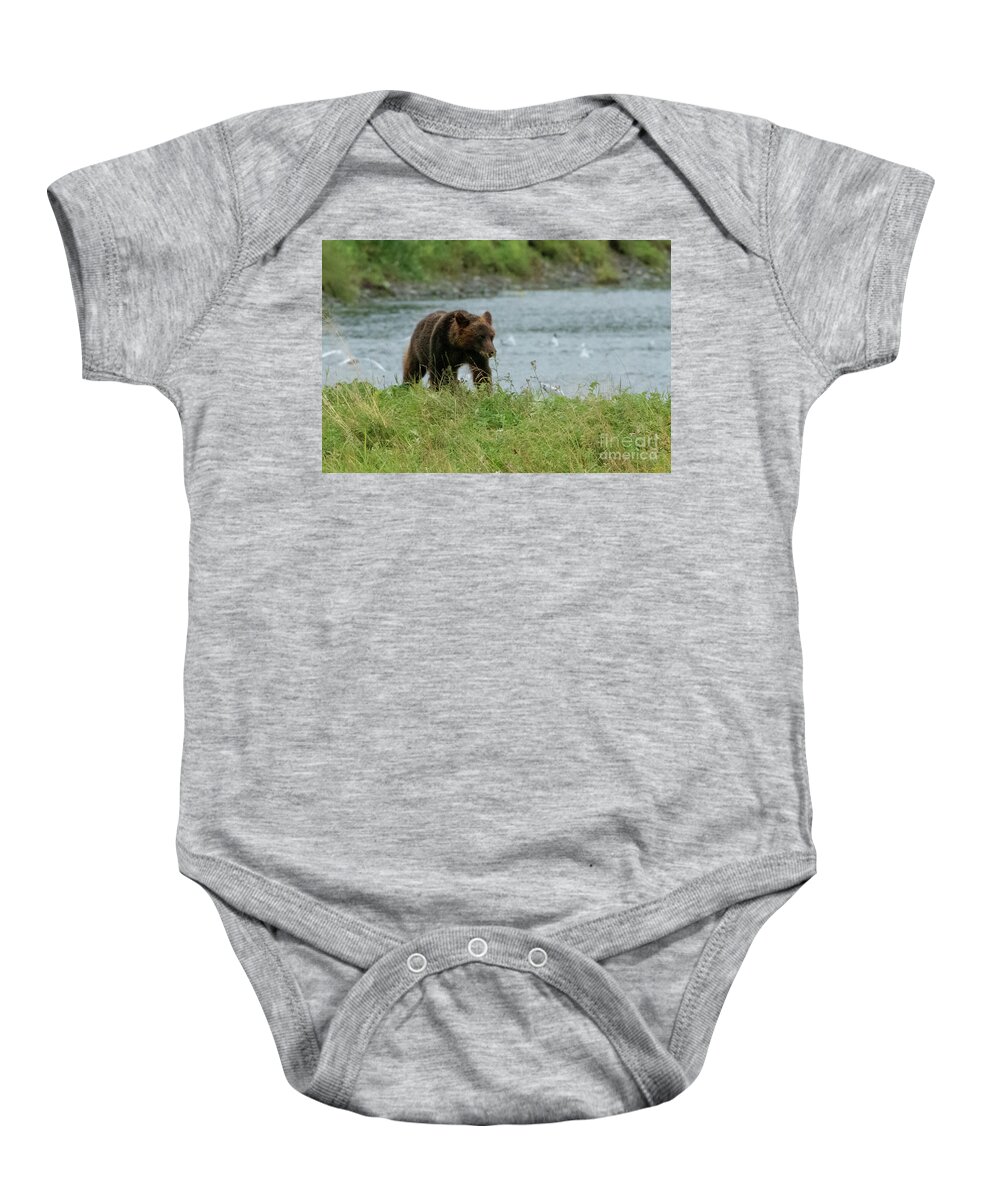 Alaska Baby Onesie featuring the photograph Juvenile Brown Bear on the Bank of Pack Creek, Alaska by Nancy Gleason