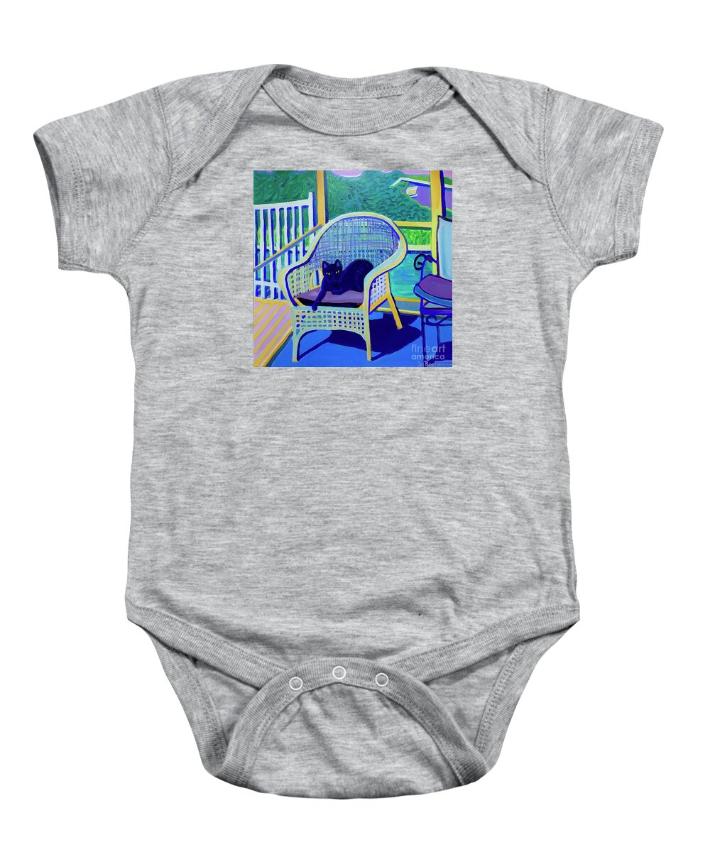 Black Cat Baby Onesie featuring the painting King Louis in the Screened Porch by Debra Bretton Robinson