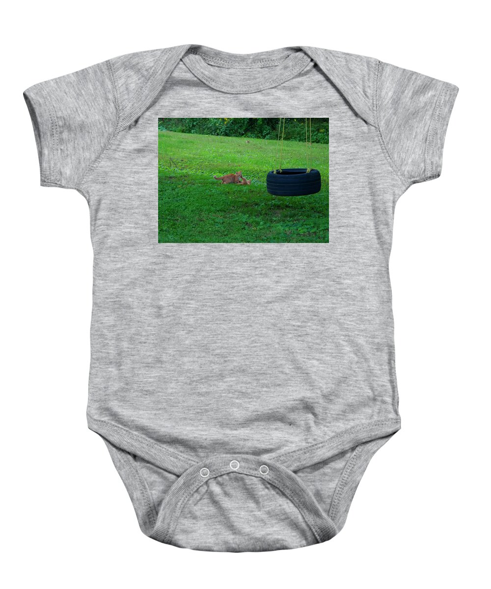 Kittens Baby Onesie featuring the photograph Kittens Playing In The Grass by Flees Photos