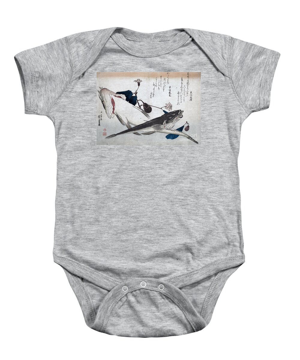 1830s Baby Onesie featuring the drawing Kochi Fish with Eggplant by Utagawa Hiroshige