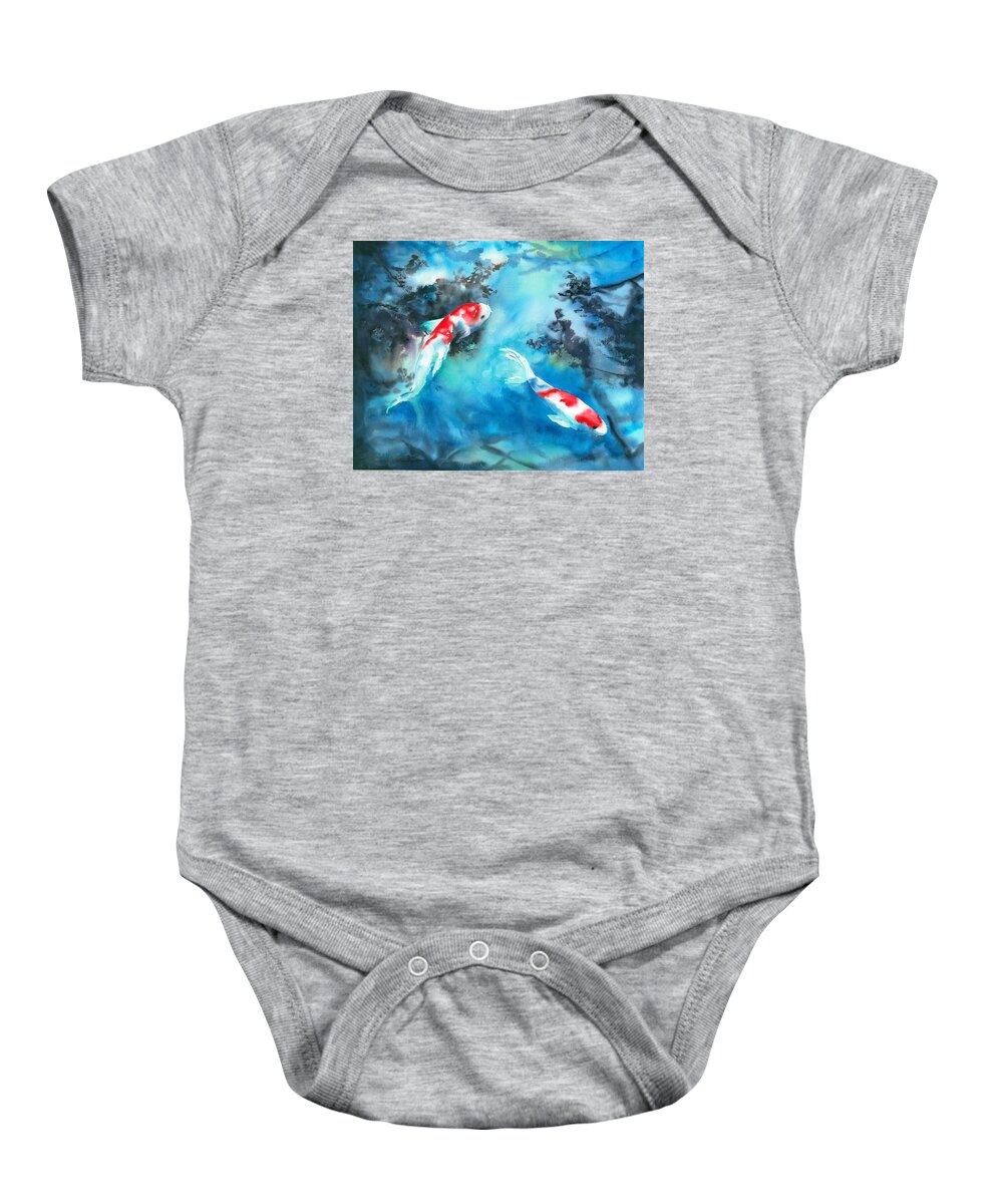 Fish Baby Onesie featuring the painting Koi in Blue by Hiroko Stumpf