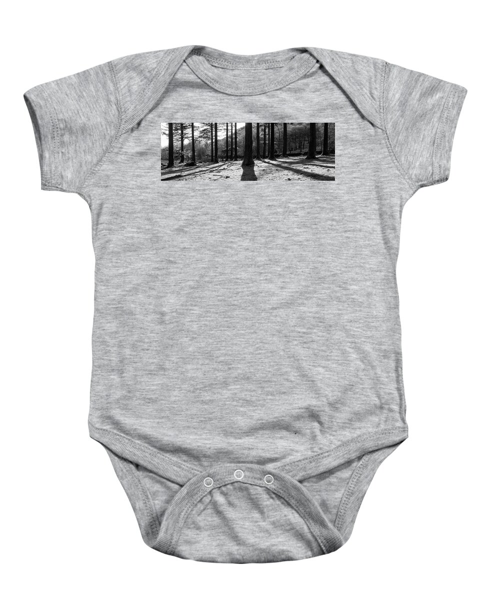 Panorama Baby Onesie featuring the photograph Lake District Woodland Black and white by Sonny Ryse