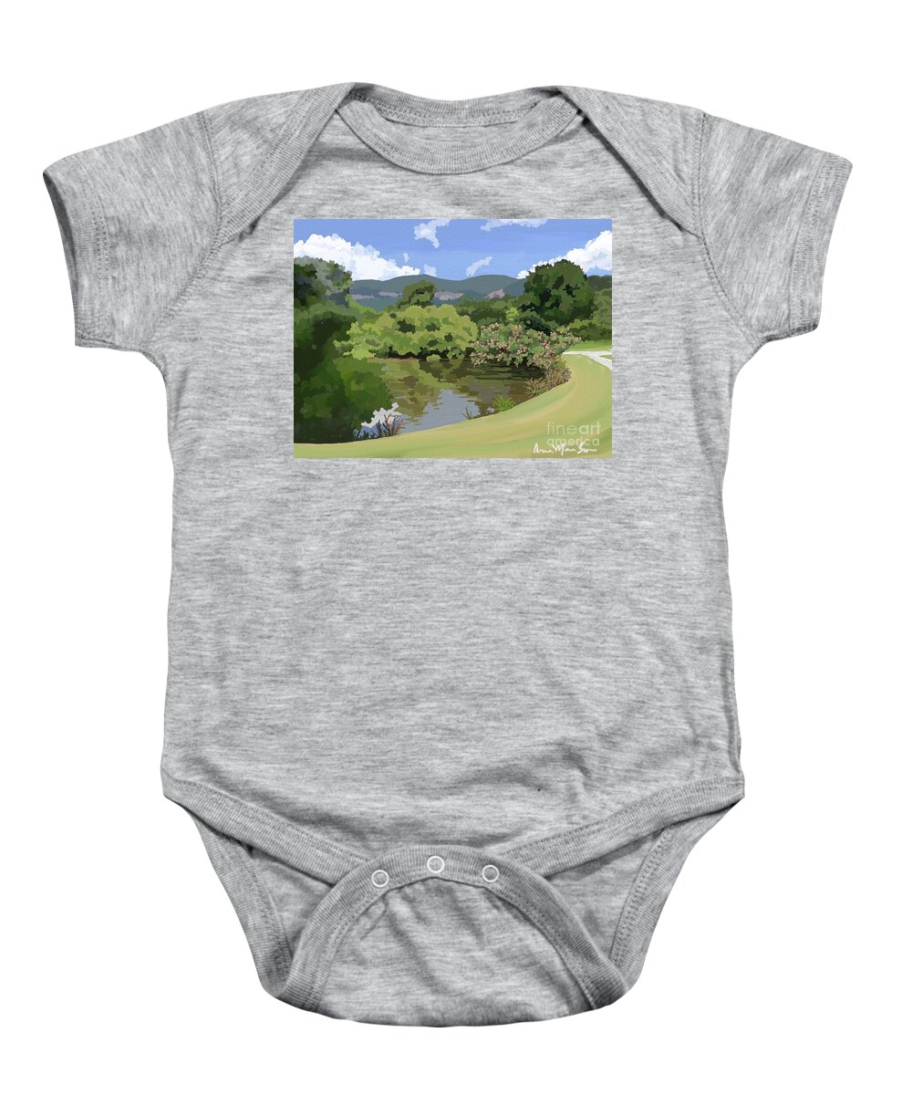 Lake Lure Baby Onesie featuring the digital art Lake Lure Pond by Anne Marie Brown