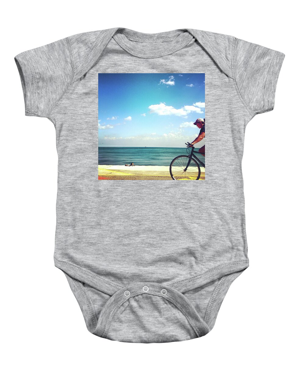 Outdoors Baby Onesie featuring the photograph Lake Shore Bike, Blue Sky Water Horizon, Chicago by Patrick Malon