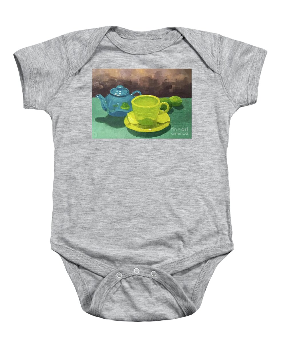 Teapot Baby Onesie featuring the painting Lil' Blue Teapot by Anne Marie Brown