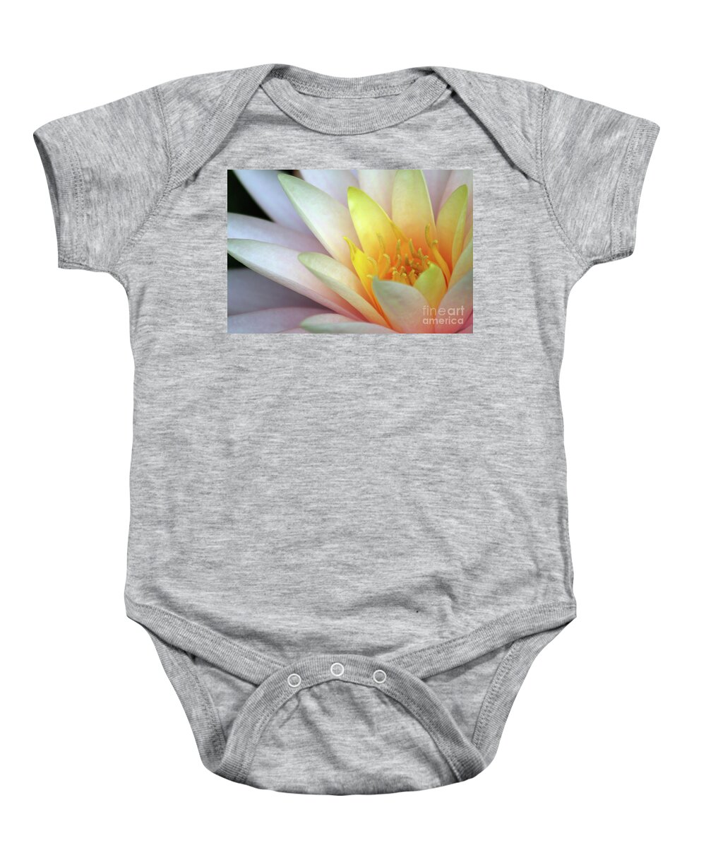 Water Lily; Water Lilies; Lily; Lilies; Flowers; Flower; Floral; Flora; Yellow; White Water Lily; White Flowers; Pink Flowers; Pink Lily; Black; Pink; Digital Art; Photography; Painting; Simple; Decorative; Décor; Macro; Close-up Baby Onesie featuring the photograph Lily Close-Up #2 by Tina Uihlein