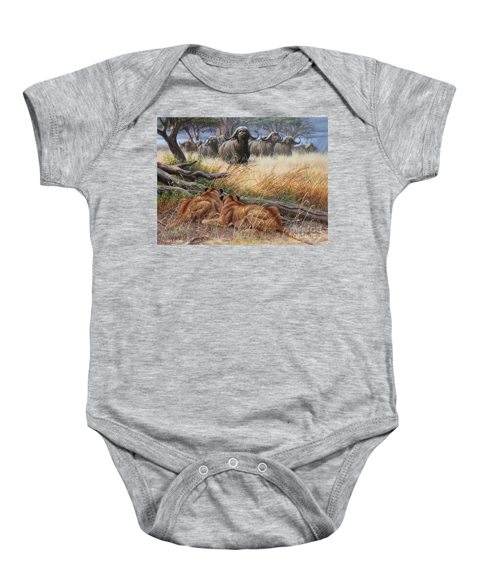 Cynthie Fisher Baby Onesie featuring the painting Lions And Buffalo by Cynthie Fisher