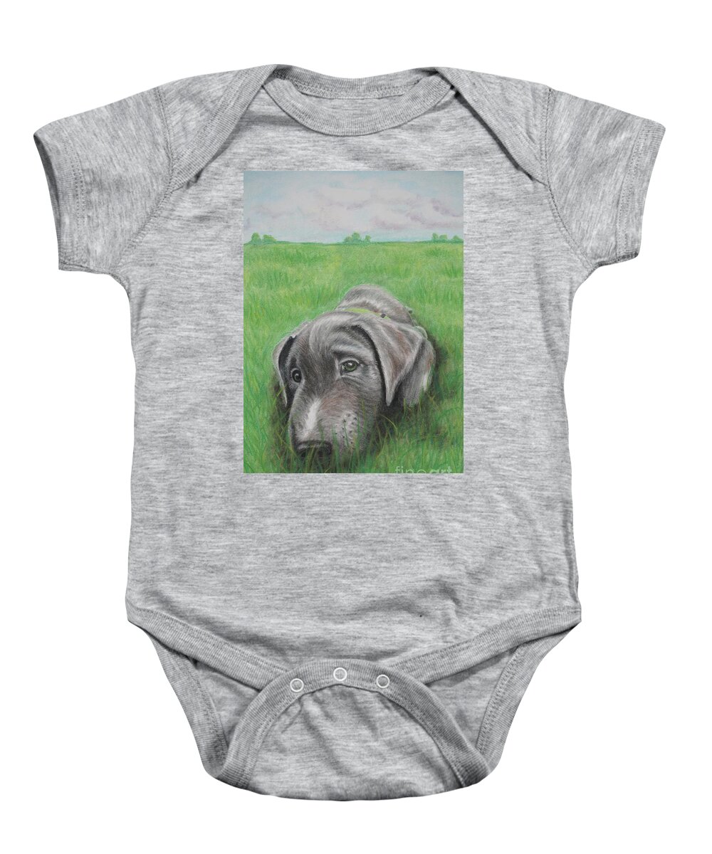 Silver Lab Baby Onesie featuring the pastel Little Buddy by Chris Naggy