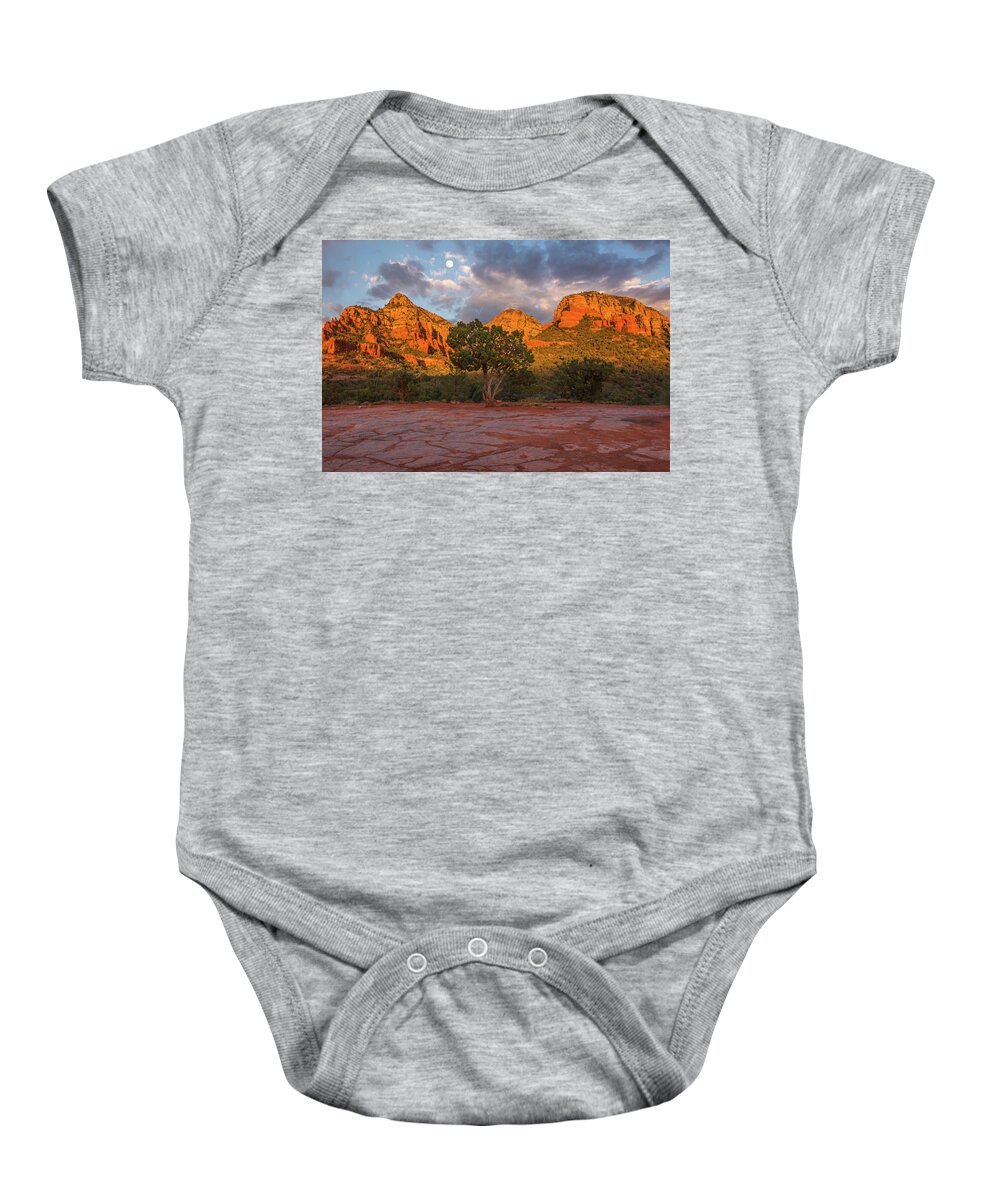 Lone Baby Onesie featuring the photograph Lone Tree Sunset Moon by White Mountain Images