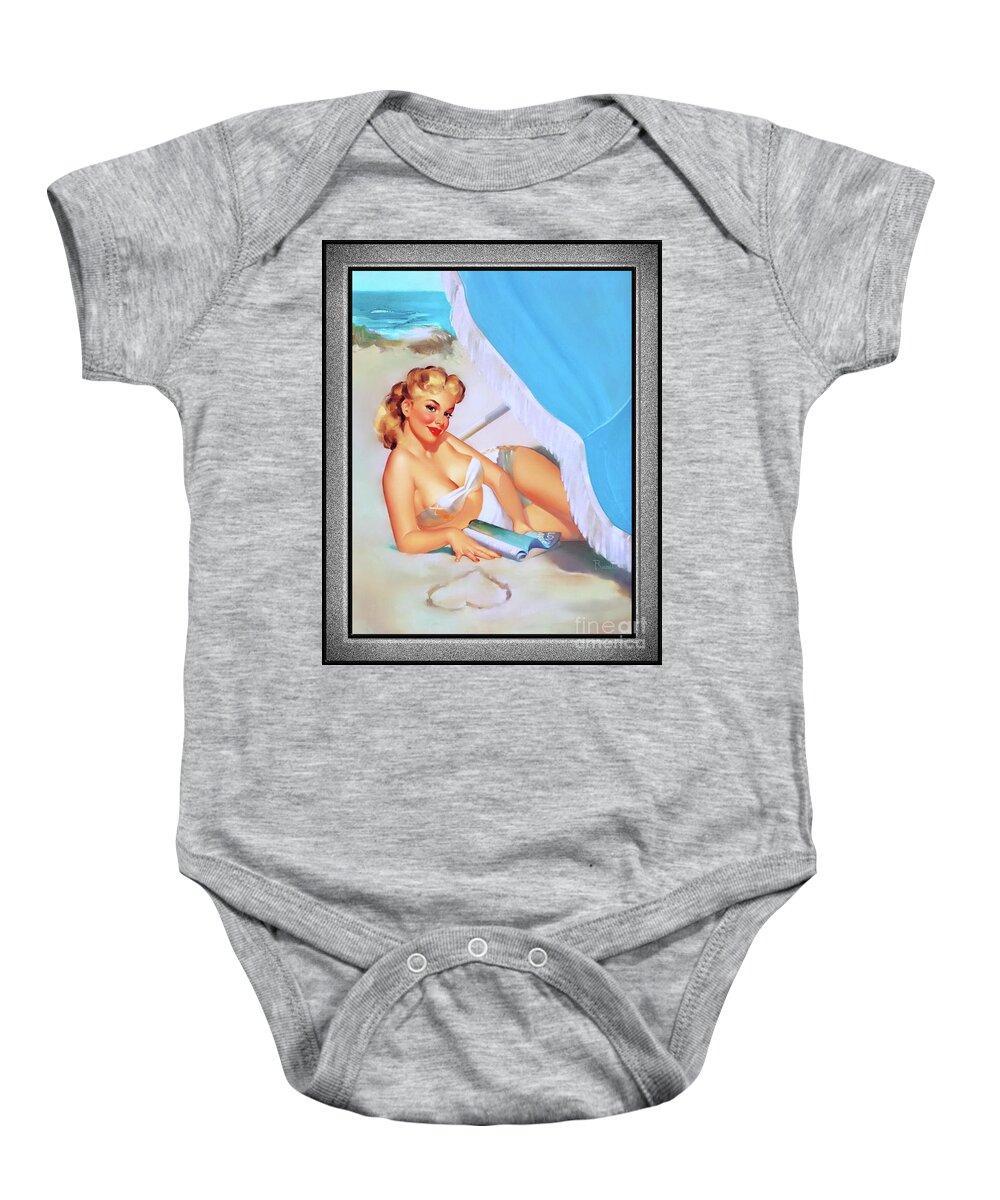 Love At The Beach Baby Onesie featuring the painting Love At The Beach by Edward Runci Vintage Pin-Up Girl Art by Rolando Burbon