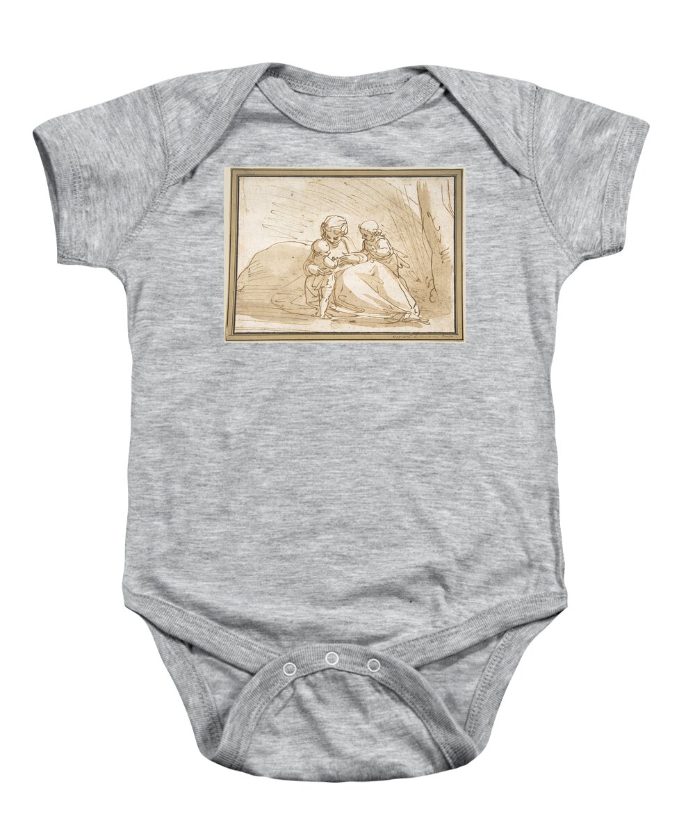 Luca Cambiaso Baby Onesie featuring the drawing Madonna and Child with the Infant Saint John by Luca Cambiaso