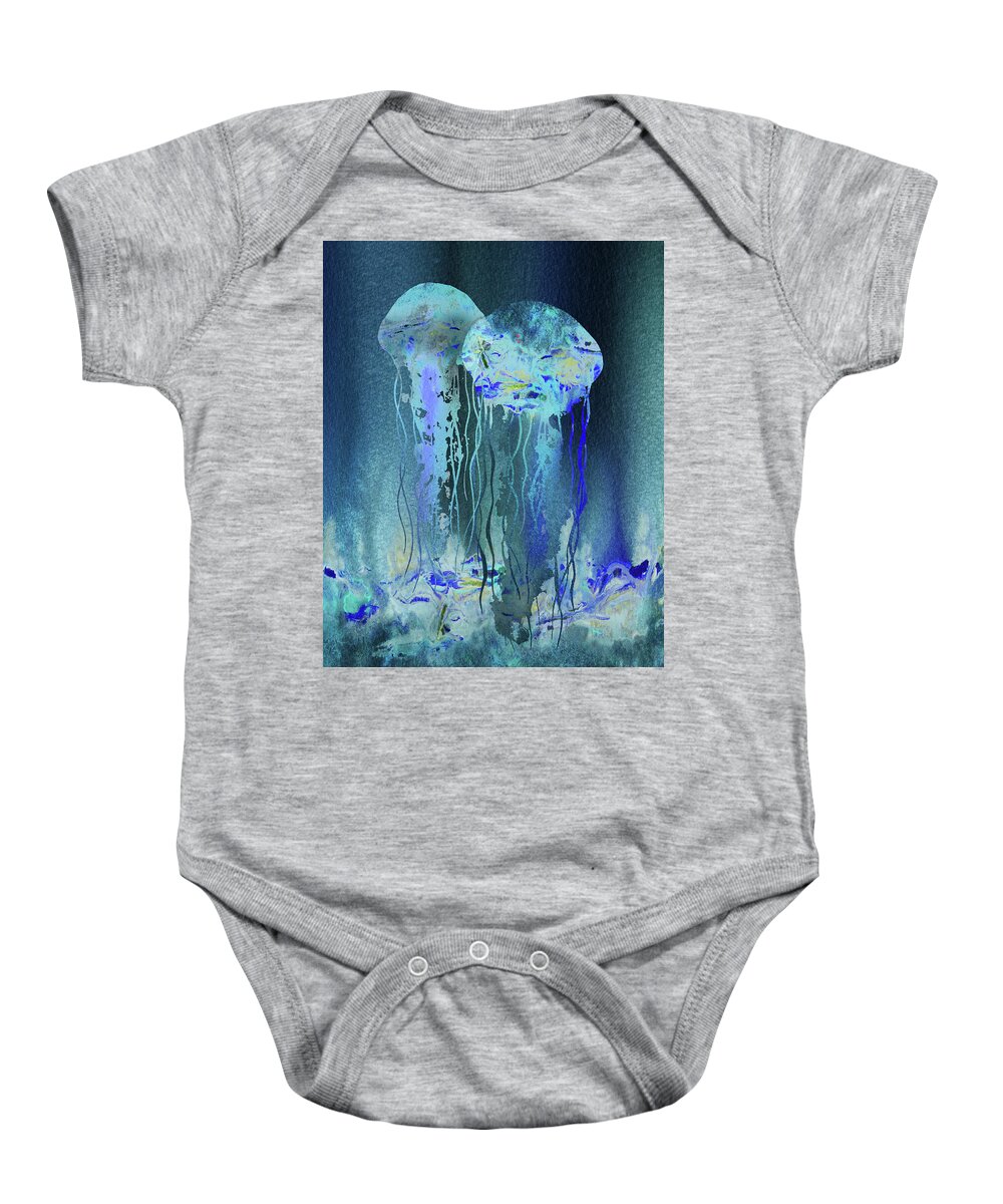 Jellyfish Baby Onesie featuring the painting Magic Under The Sea Two Jellyfish by Irina Sztukowski
