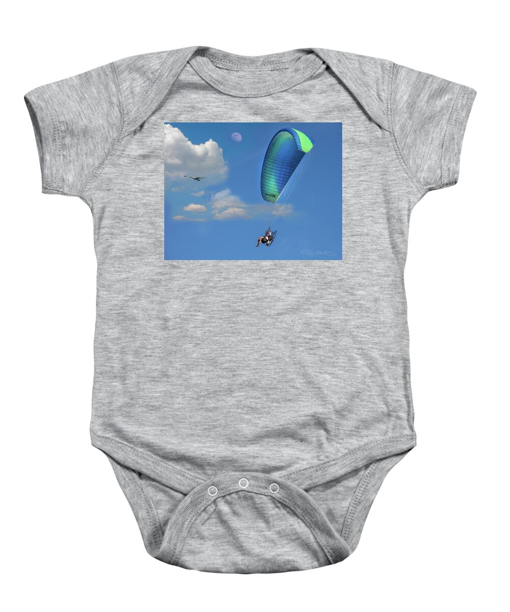 Man Baby Onesie featuring the photograph Man In Powered Parachute With Blue Sky by Dan Barba