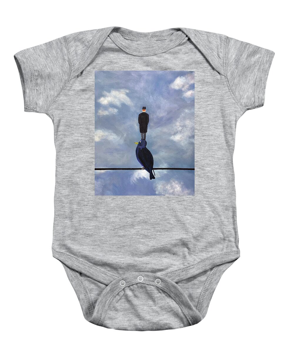Magritte Baby Onesie featuring the painting Man On A Bird On A Wire by Thomas Blood