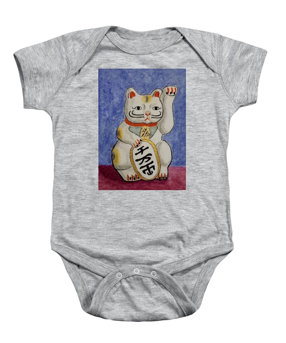 Japanese Cat Baby Onesie featuring the painting Maneki Neko Beckoning Cat by Vera Smith