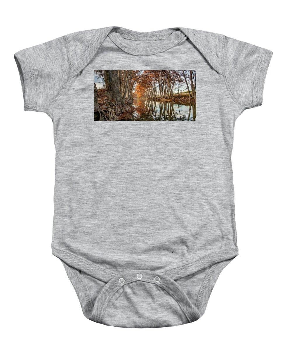 Medina River Cypress Michael Tidwell Trees Reflection Fall Foliage Roots Baby Onesie featuring the photograph Medina River Cypress by Michael Tidwell