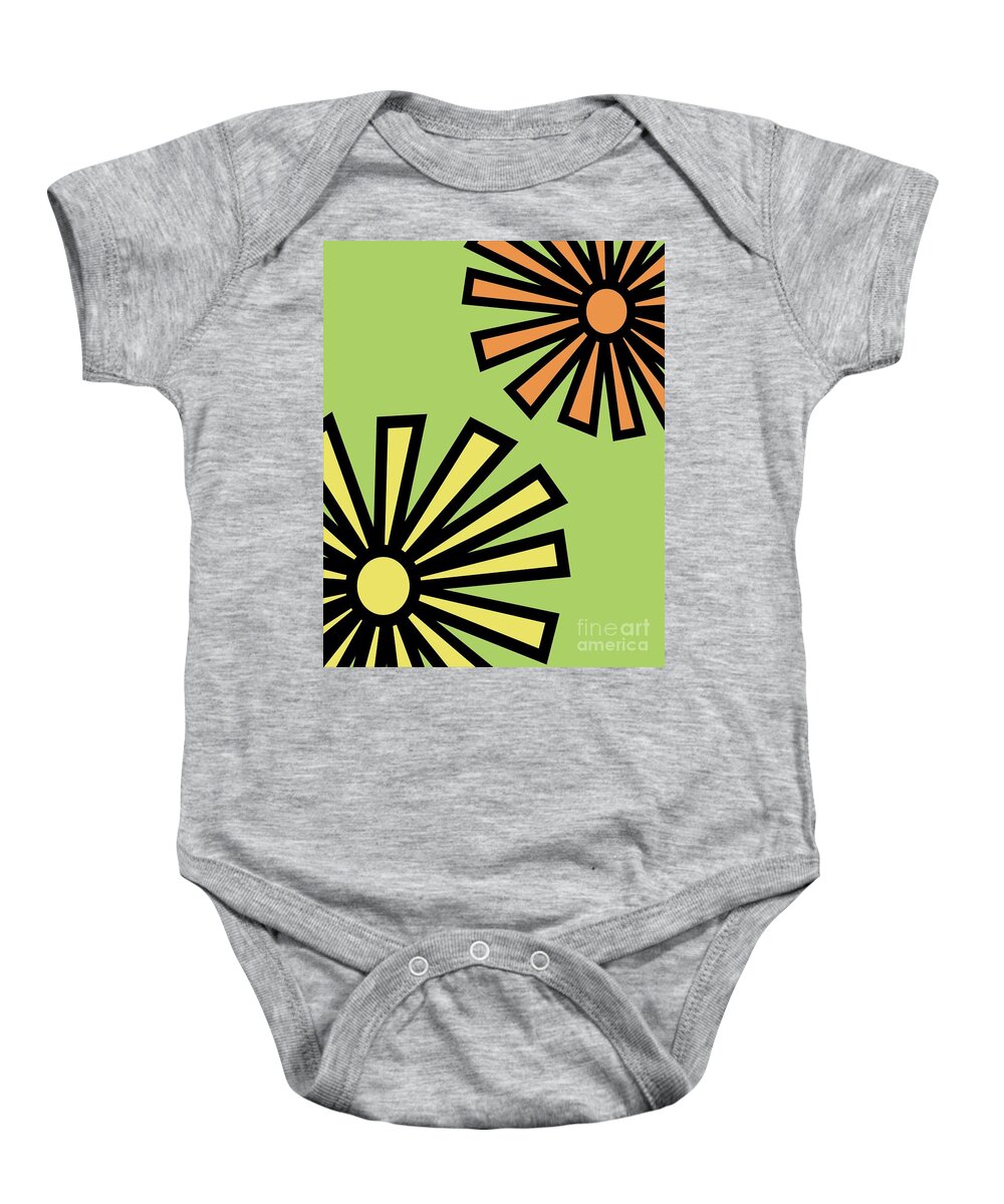 Mod Baby Onesie featuring the digital art Mod Flowers 4 on Green by Donna Mibus