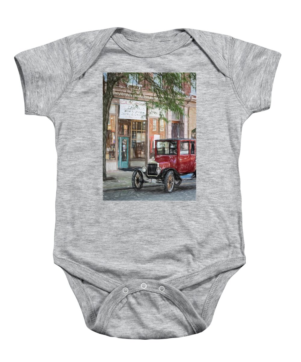 Model T Baby Onesie featuring the photograph Model T and the Bookstore by Deborah Penland