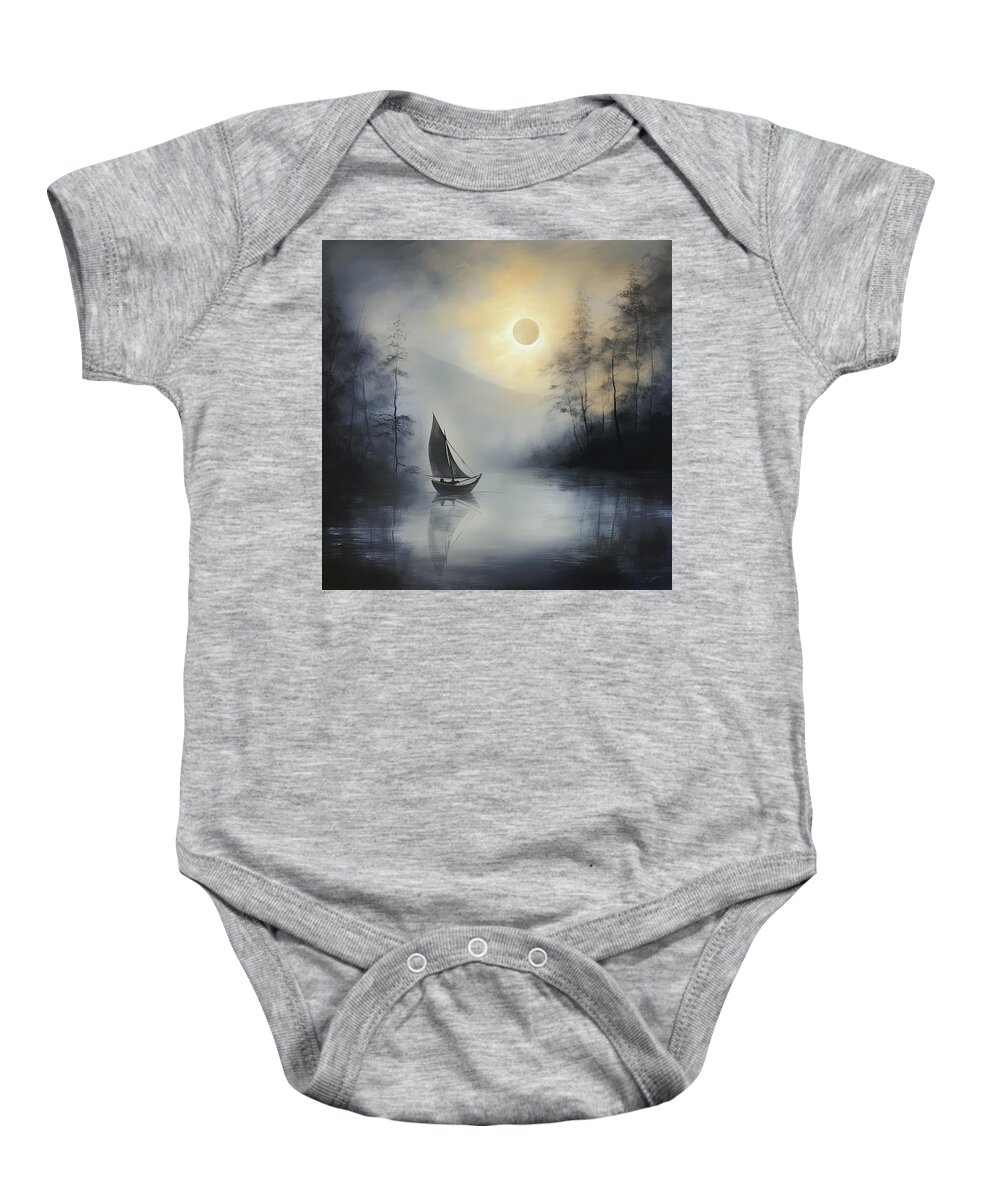 Mystery Art Baby Onesie featuring the painting Moonlit Watcher - Gray Art by Lourry Legarde
