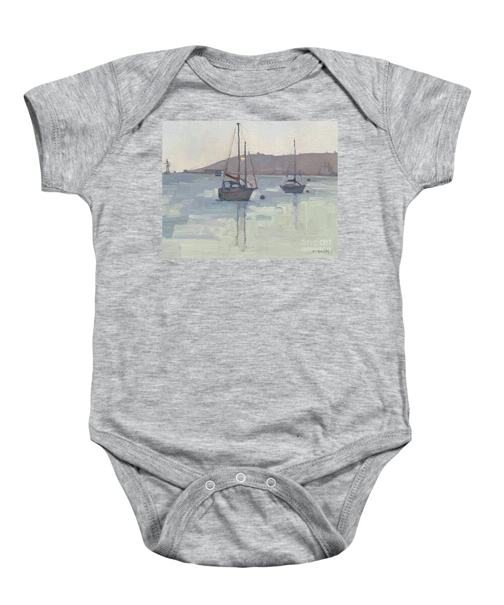 Moored Boats Baby Onesie featuring the painting Moored off Shelter Island, Point Loma, San Diego by Paul Strahm