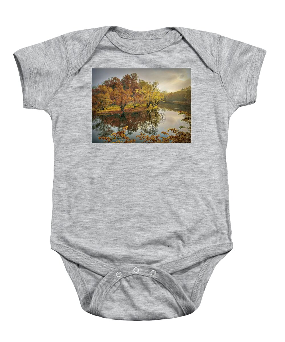 River Baby Onesie featuring the photograph Morning Reflections on the Autumn River by Debra and Dave Vanderlaan