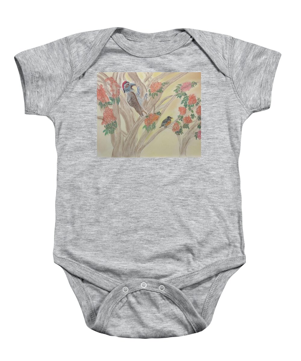Woodpecker Baby Onesie featuring the pastel Morning Sounds by Suzanne Berthier