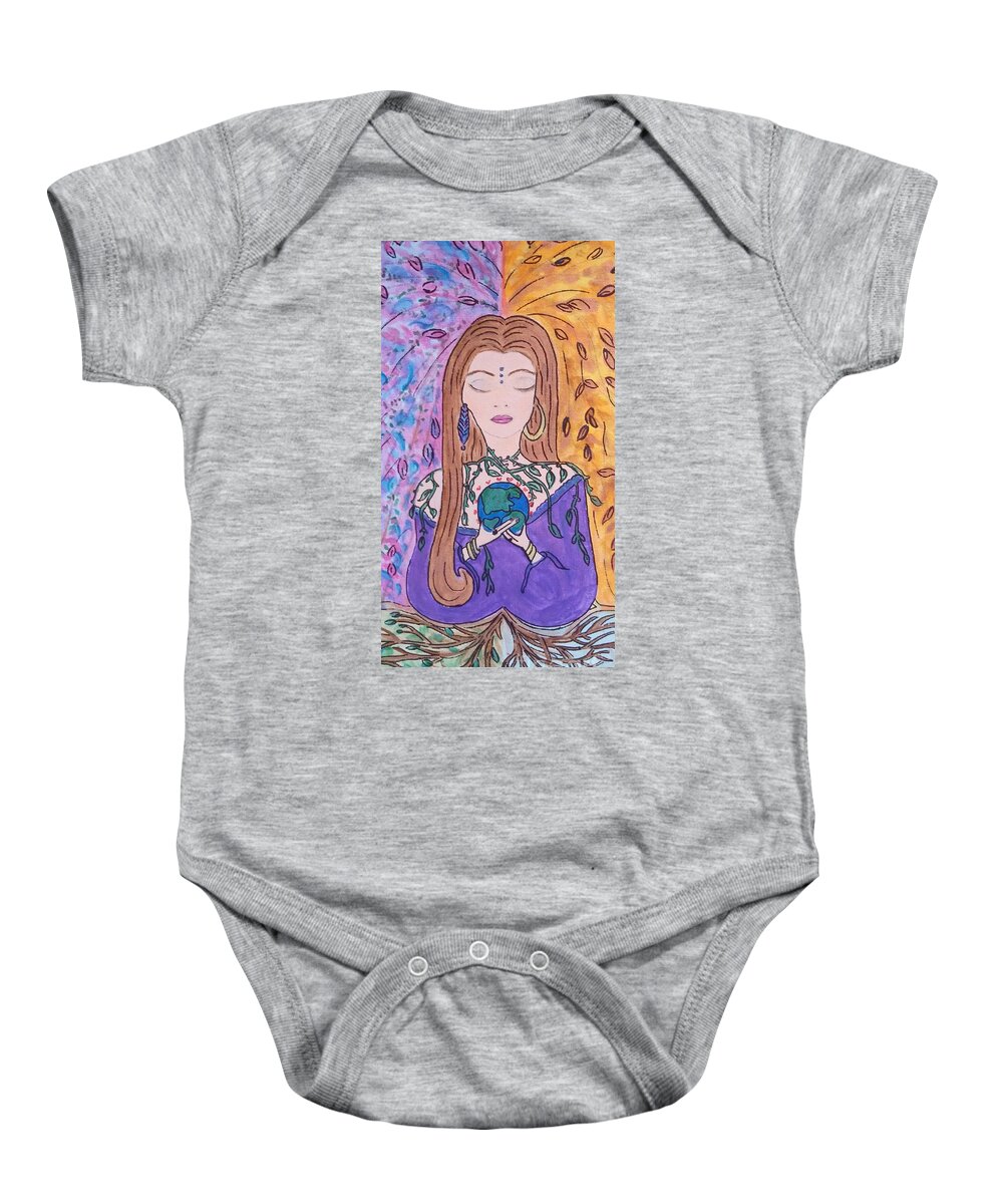 Mother Earth. One World Stay Strong We Will Get Thru This Togethet Baby Onesie featuring the mixed media Mother Earth by Ginny Santos-Snyder