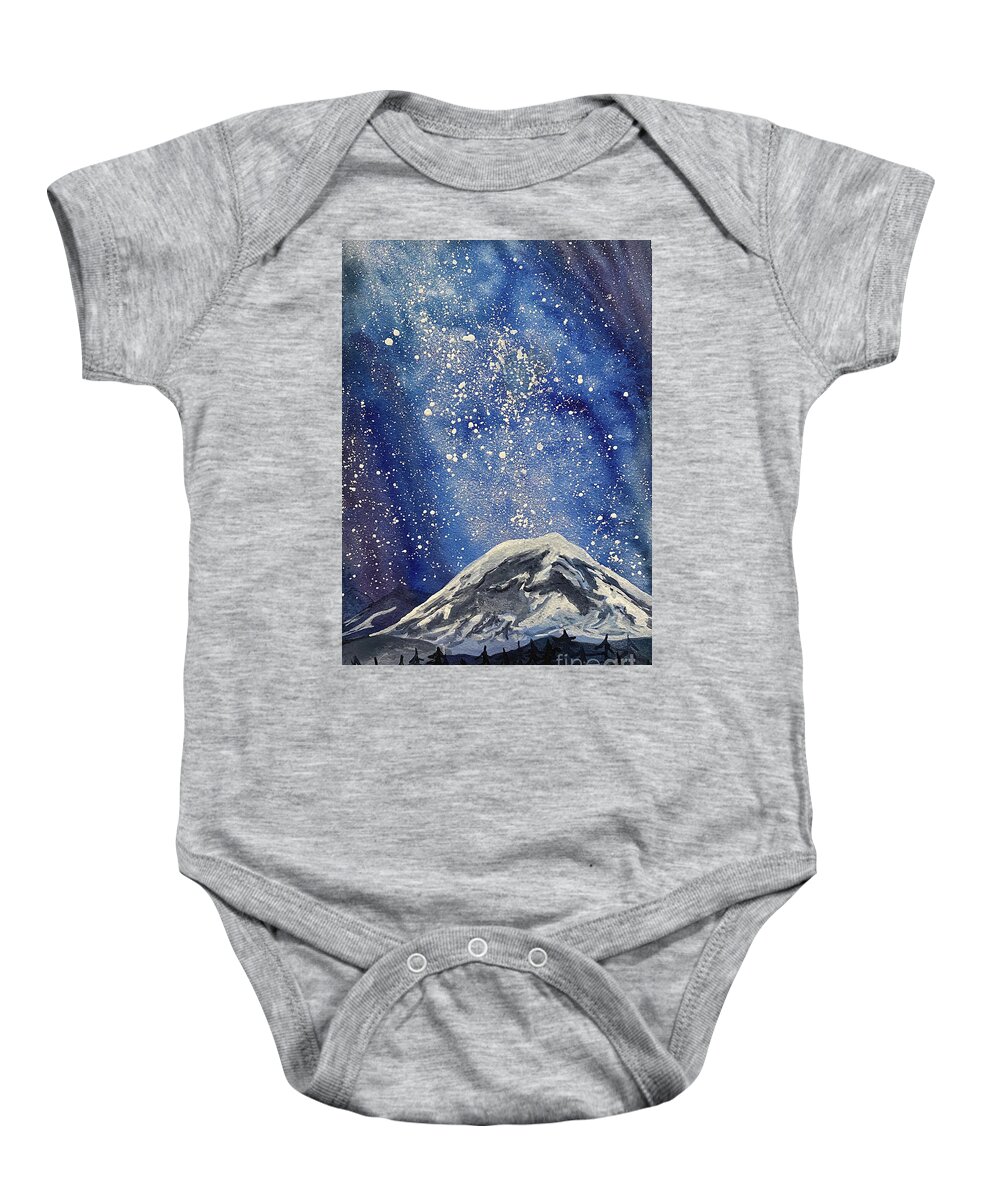 Mount Rainier Baby Onesie featuring the painting Mountain with Night Sky by Lisa Neuman