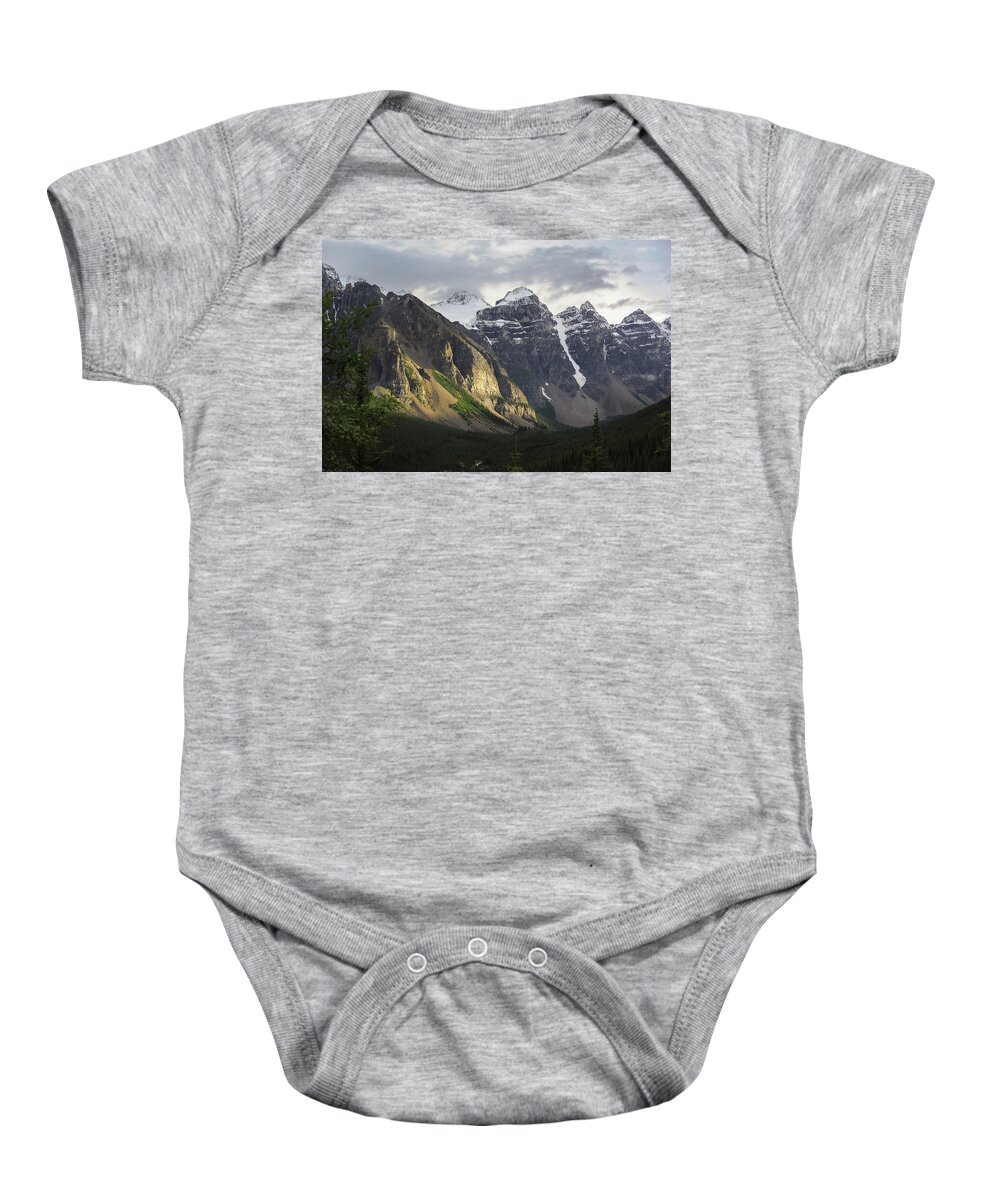 Scenic Baby Onesie featuring the photograph Mountains near Moraine Lake Alberta Canada by Mary Lee Dereske