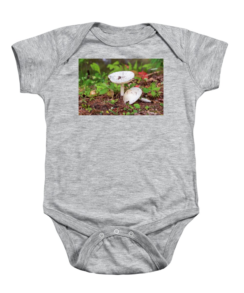 Mushroom Baby Onesie featuring the photograph Mushrooms in the Forest by Amelia Pearn