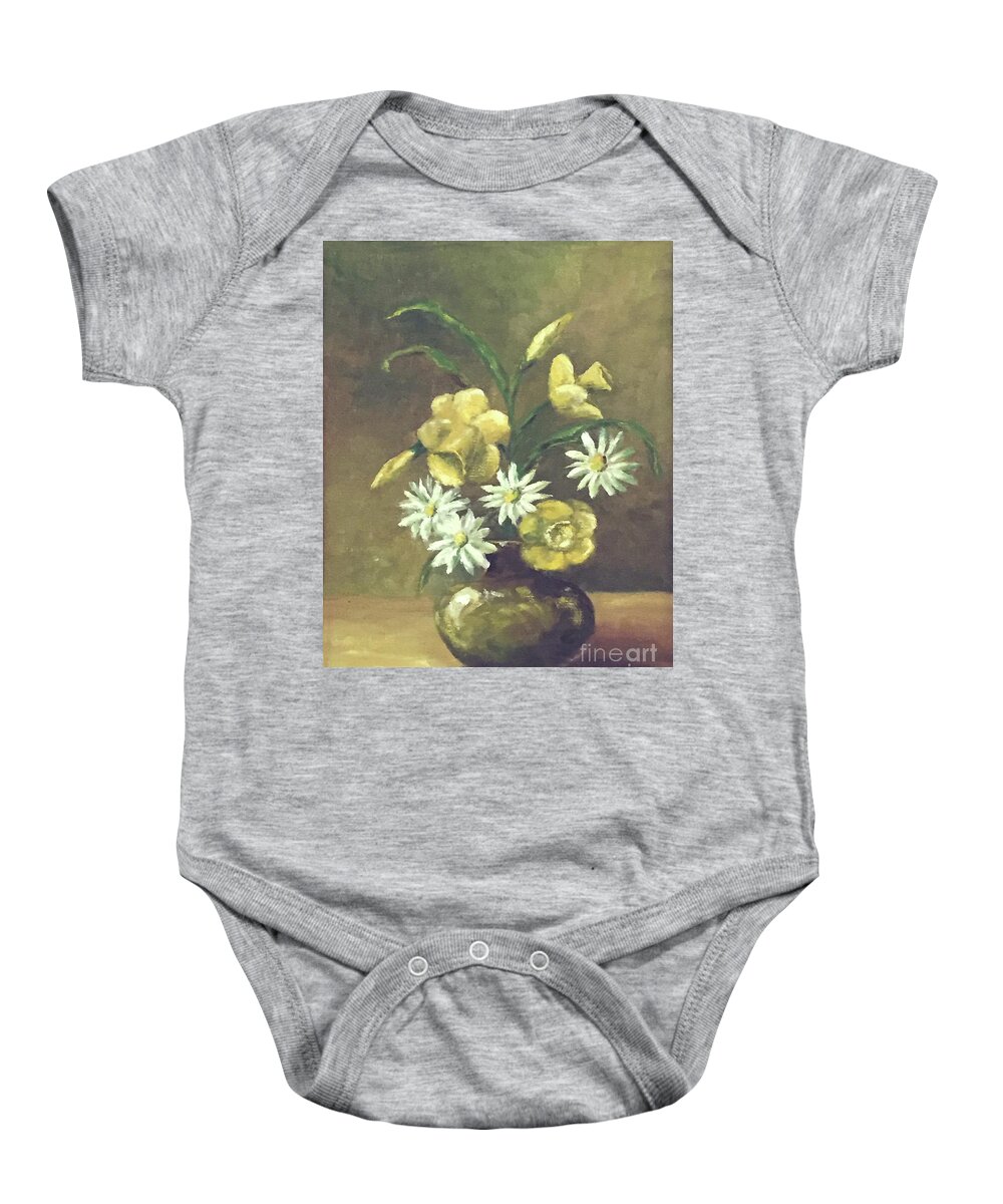Still Life Baby Onesie featuring the painting First Love -- Daffodils and Daisies by Catherine Ludwig Donleycott