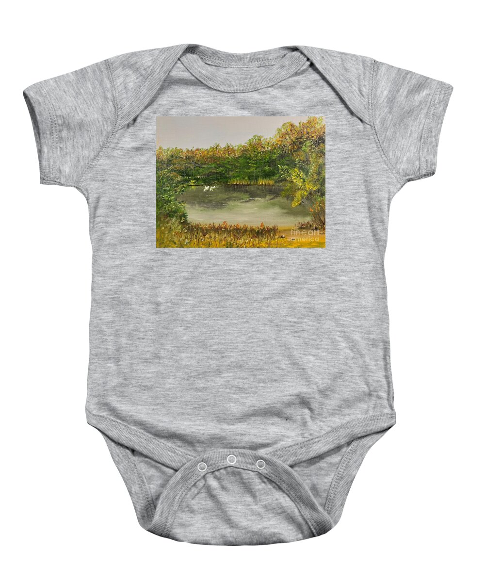 Peaceful Baby Onesie featuring the painting Mystery Pond by Monika Shepherdson