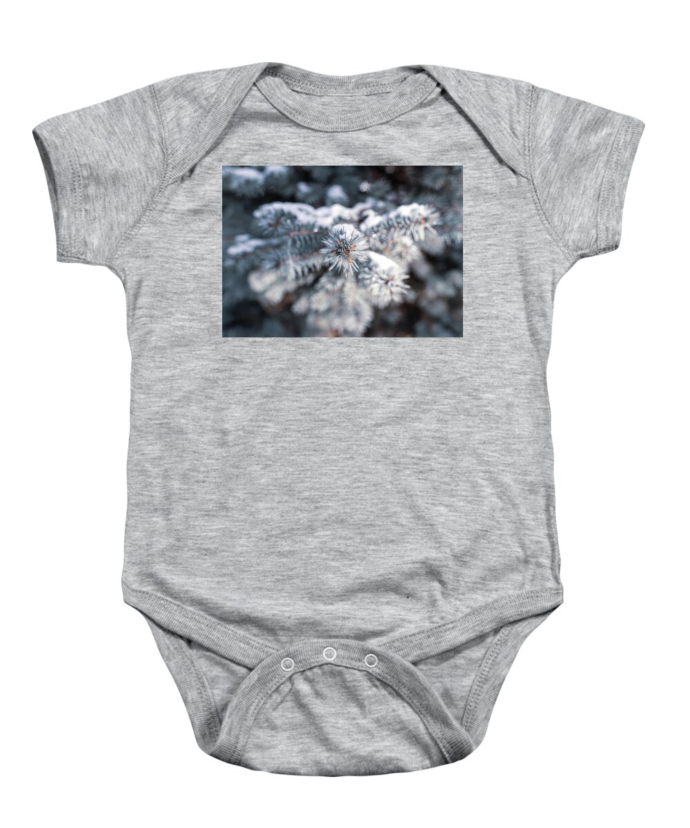 Landscapes Baby Onesie featuring the photograph Nature Photography - Snowy Evergreen by Amelia Pearn