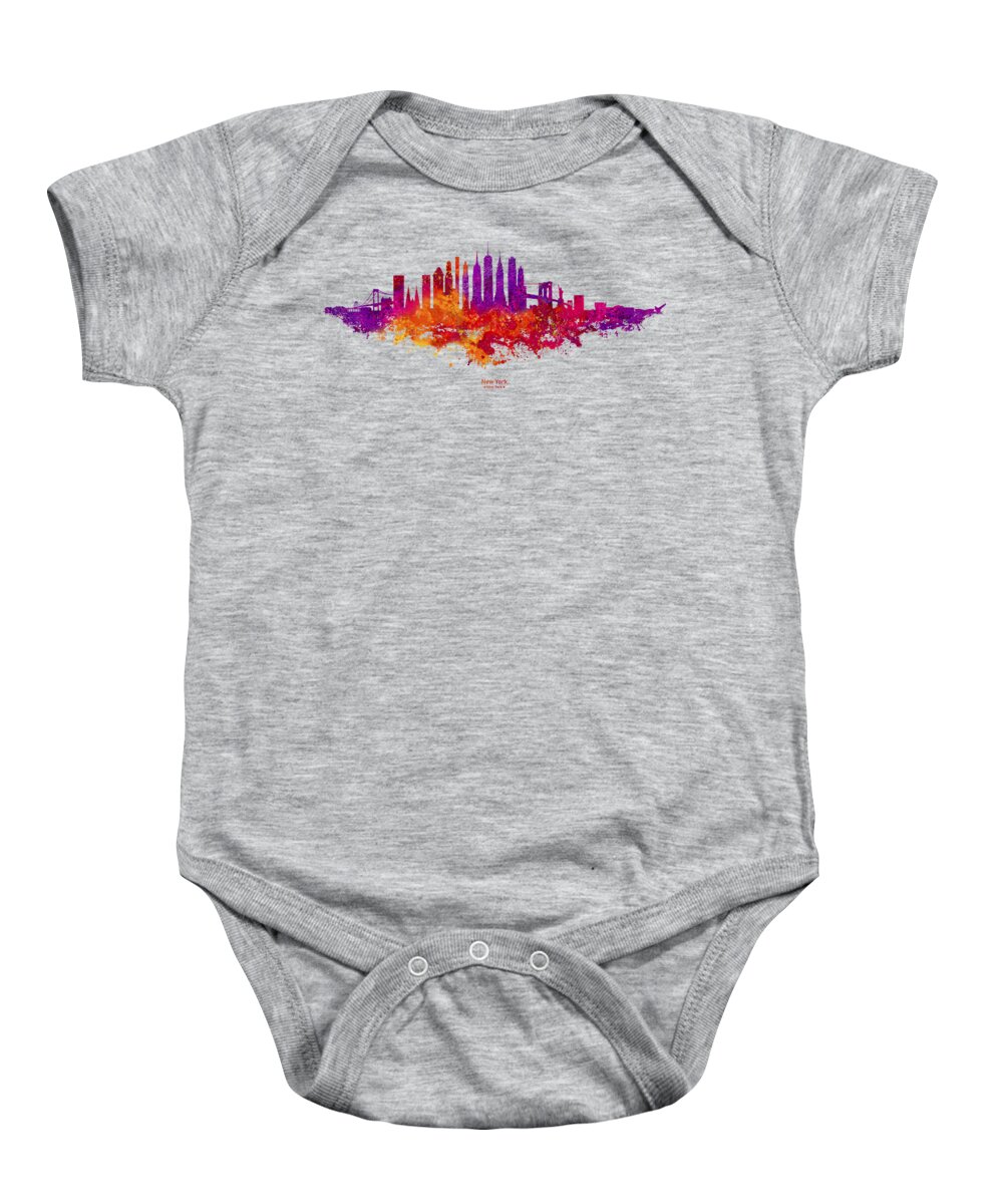 New York Baby Onesie featuring the digital art New York City Skyline - Colorful Watercolor on Sepia Background with Caption by SP JE Art