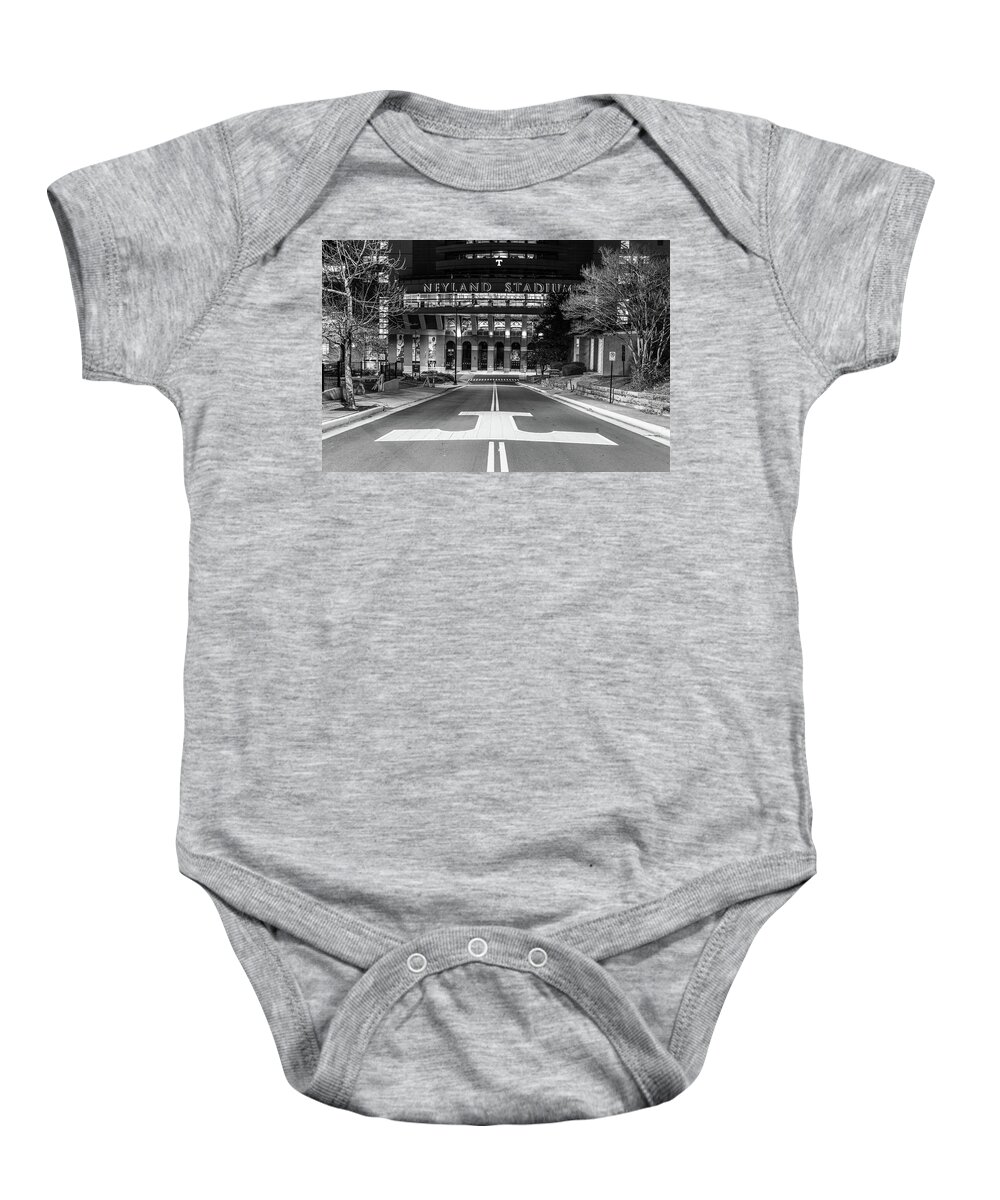 University Of Tennessee At Night Baby Onesie featuring the photograph Neyland Stadium at the University of Tennessee at night in black and white by Eldon McGraw
