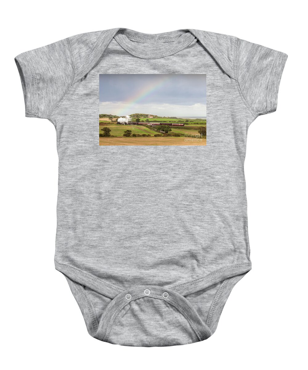 Weybourne Baby Onesie featuring the photograph Norfolk steam train with Weybourne windmill and rainbow by Simon Bratt
