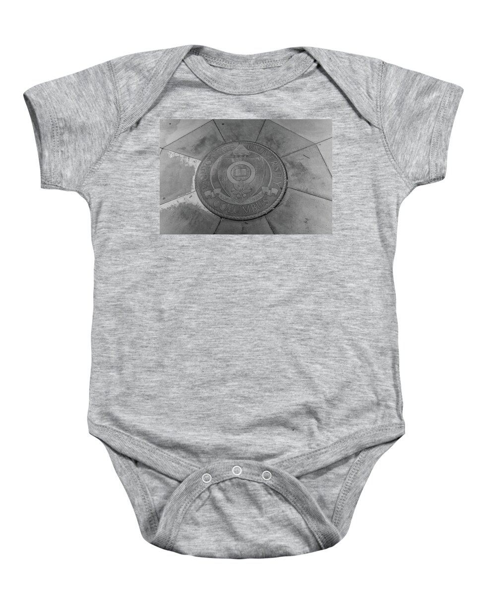 The Oval Baby Onesie featuring the photograph Ohio State University seal in black and white by Eldon McGraw