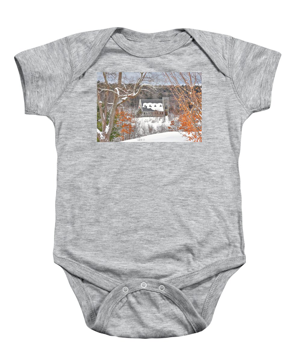 Old Baby Onesie featuring the photograph Old Stone Church in winter by Monika Salvan