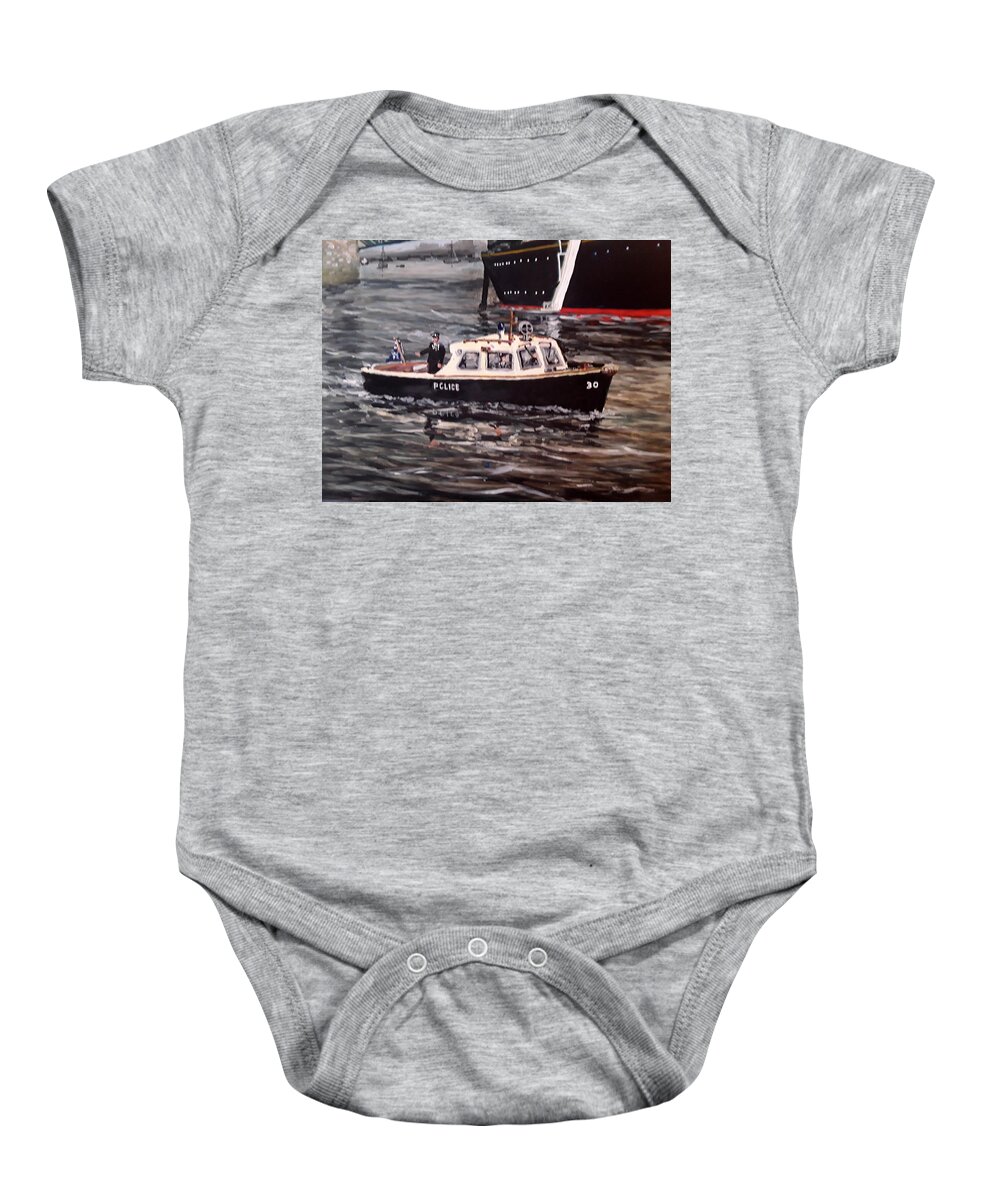 Police Baby Onesie featuring the painting Old Style Single Screw Thames Police Boat by Mackenzie Moulton