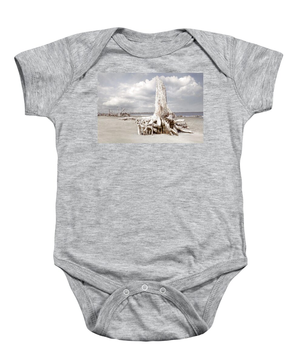 Clouds Baby Onesie featuring the photograph On Driftwood Beach at Low Tide in Beachhouse Hues by Debra and Dave Vanderlaan
