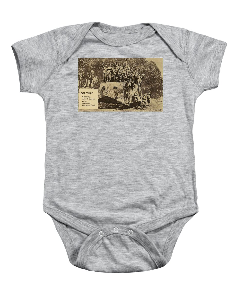 Tank Baby Onesie featuring the photograph on Top - Allied troops on a german tank Vintage Postcard by Steven Ralser