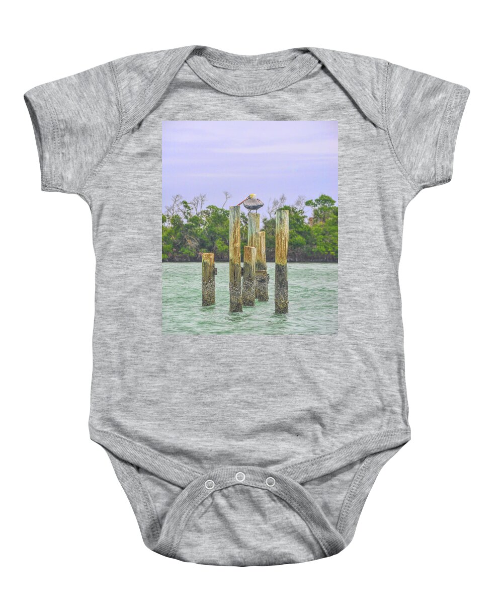 Pelicans Baby Onesie featuring the photograph One More Minute by Alison Belsan Horton