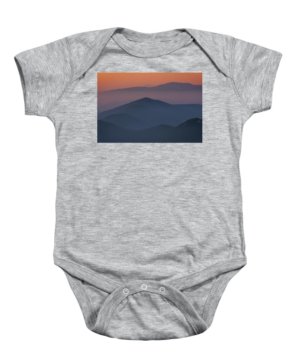 Bragg Creek Baby Onesie featuring the photograph Orange and Foggy Sunrise Sky, Canadian Rockies by Yves Gagnon