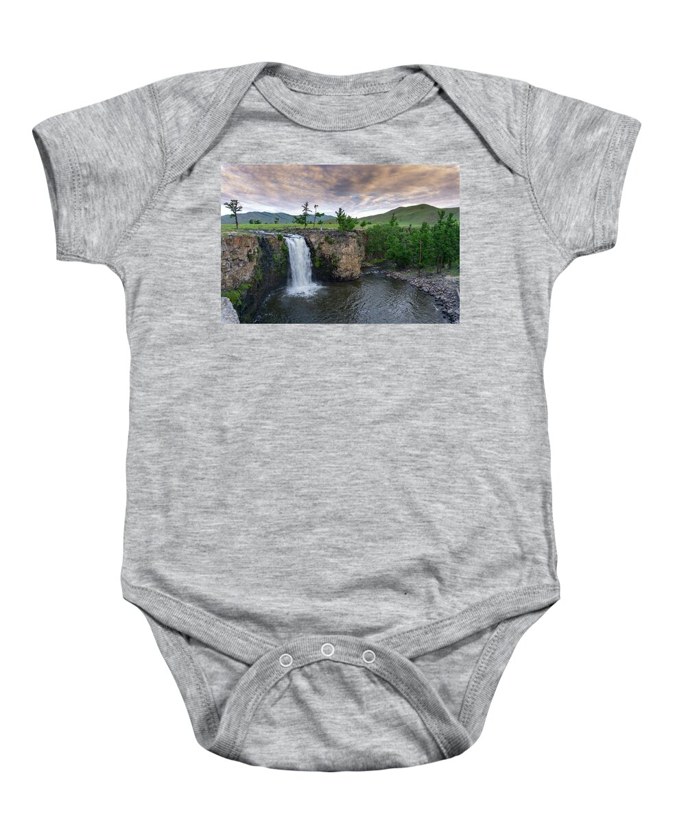 Waterfall Baby Onesie featuring the photograph Orkhon waterfall in Mongolia at sunrise by Mikhail Kokhanchikov