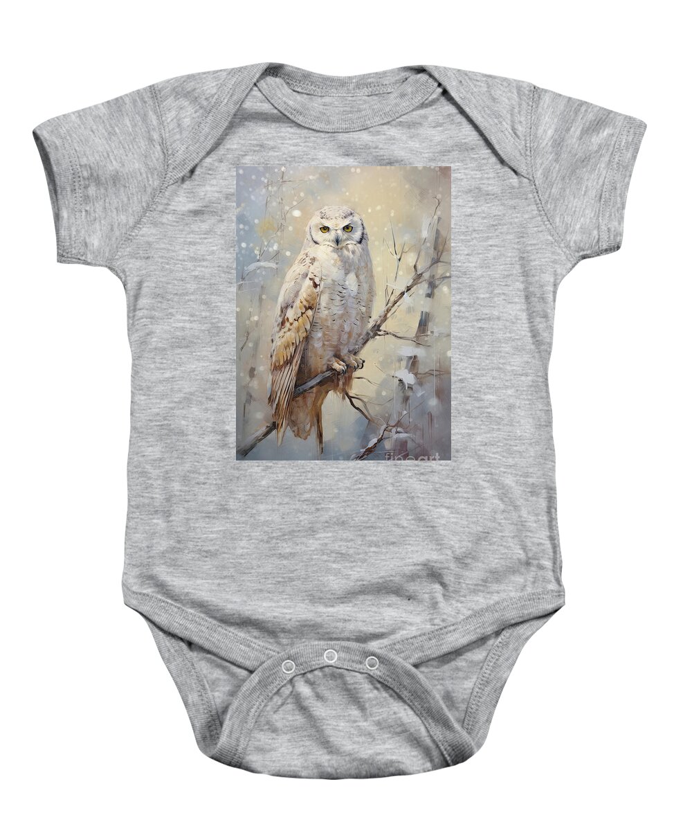 Snowy Owl Baby Onesie featuring the painting Owl In The Snow by Tina LeCour