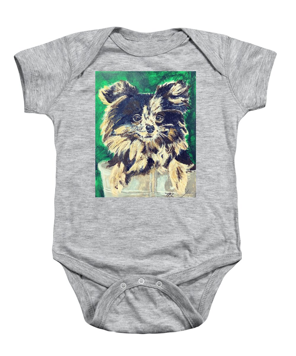 Pomeranian-chihuahua Cross Baby Onesie featuring the painting Paisley by Melody Fowler