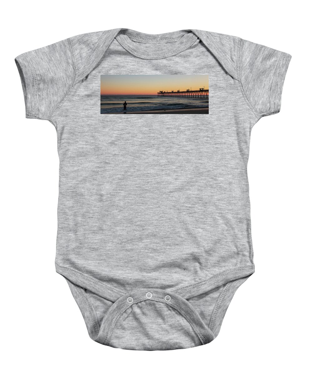 Bogue Inlet Baby Onesie featuring the photograph Panoramic Sunset at Bogue Inlet Pier Emerald Isle North Carolina by Bob Decker