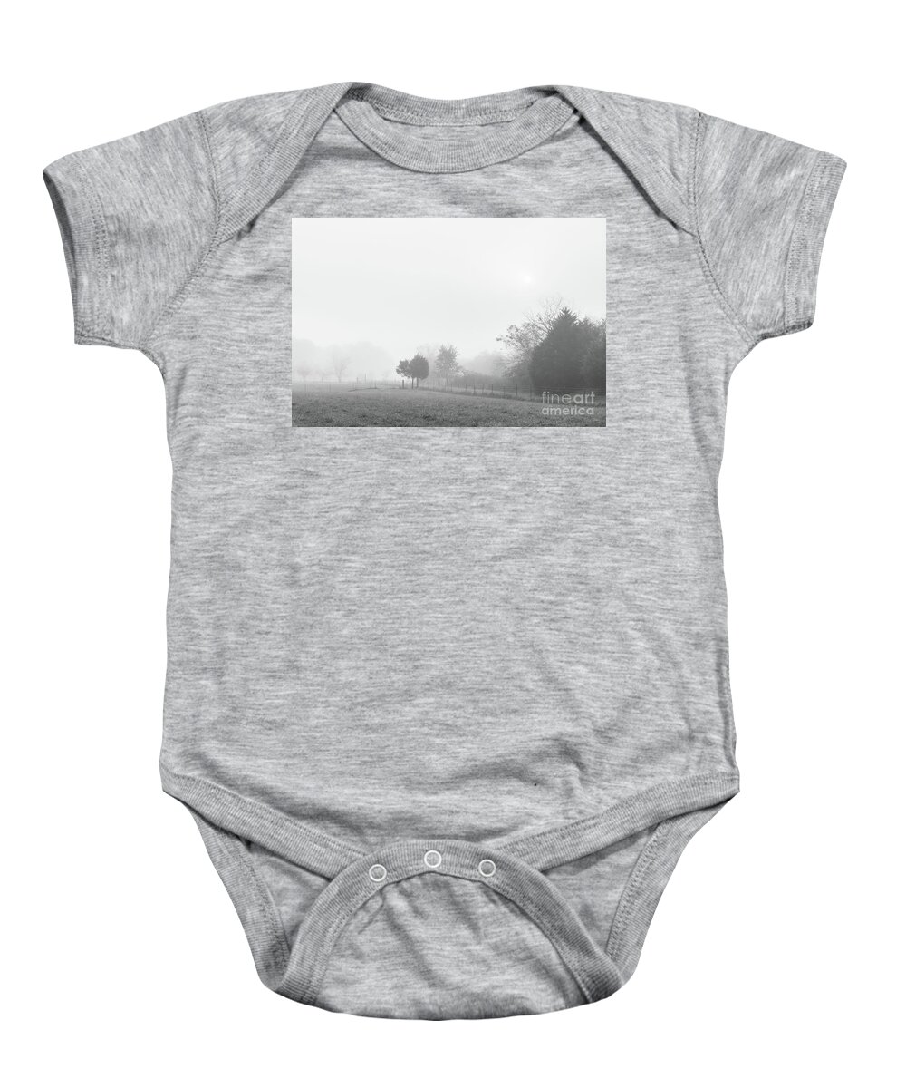 Fog Baby Onesie featuring the photograph Peaceful Foggy Countryside Grayscale by Jennifer White