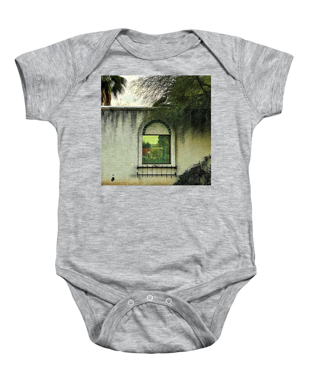 Peacock Baby Onesie featuring the photograph Peacock at the Haunted Ranch by Grey Coopre